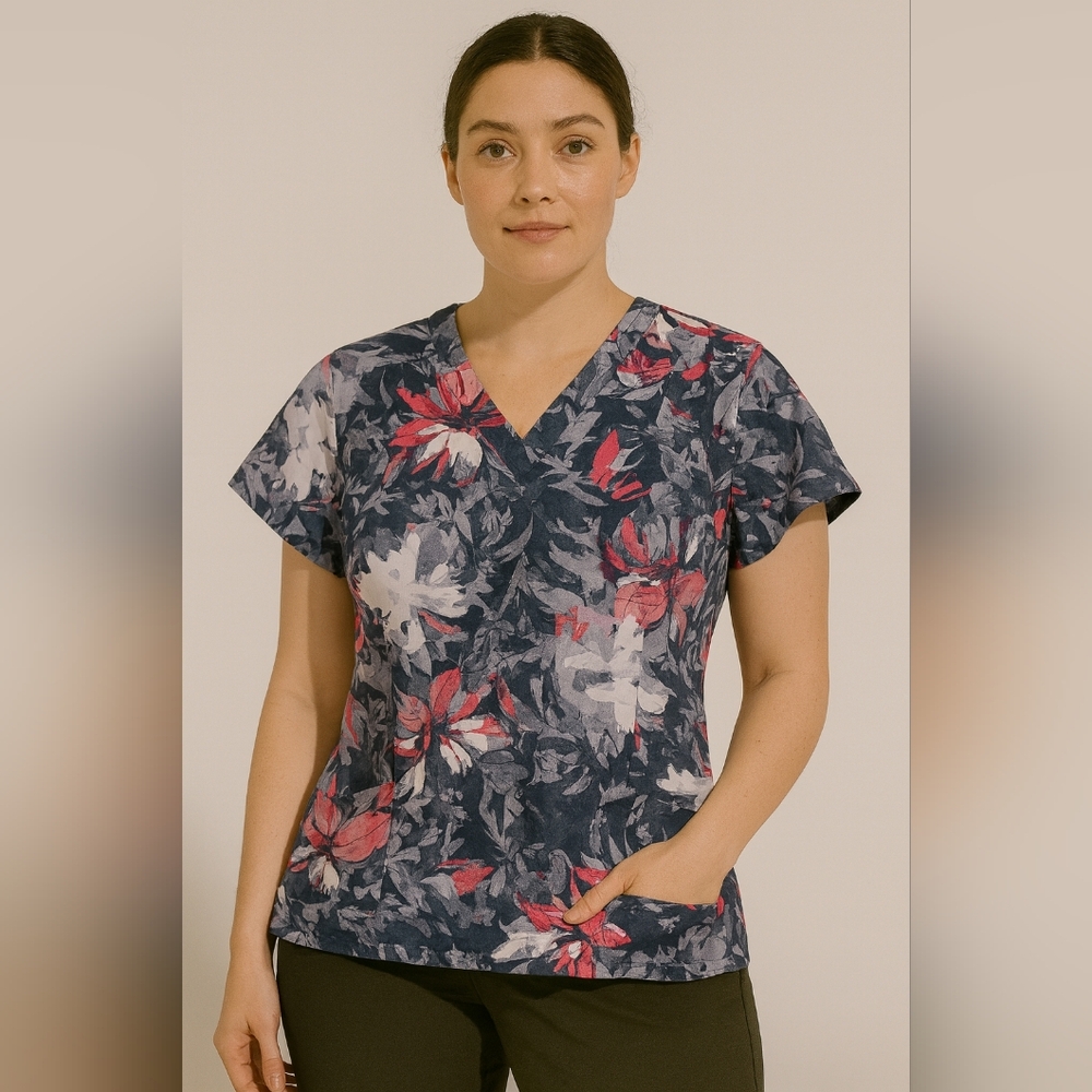 #208 White Cross Floral Scrub Top Women’s Small Navy Pink V-Neck